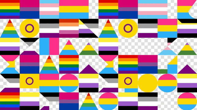 Geometric shapes feature colorful pride flag patterns arranged in a repeating mosaic design.