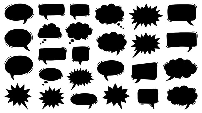 Hand-drawn silhouette speech bubbles set featuring doodle black simple frames for comic dialog and chat design. Vector collage cutout flat speech text boxes isolated on white background.