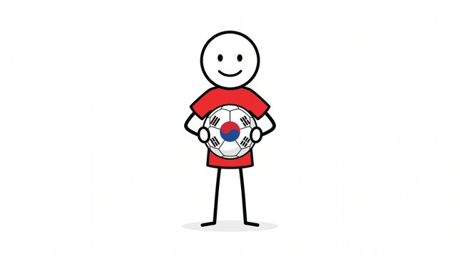 Minimalist stick figure character holding soccer ball with South Korea flag pattern