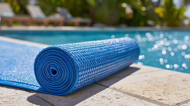 Rolled blue bubble solar pool cover on the edge of a swimming pool, outdoor summer maintenance and heating concept, Generative AI.