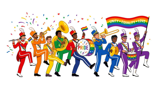 Marching band musicians wearing colorful uniforms perform while holding a large banner that promotes love and equality.
