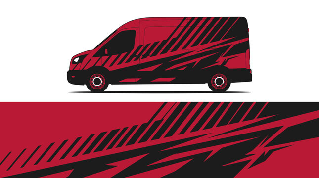 Red and black van side view.