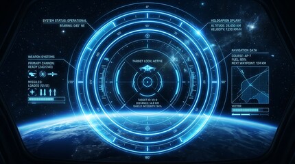 Fototapeta premium Futuristic blue circular HUD interface with Earth view from space