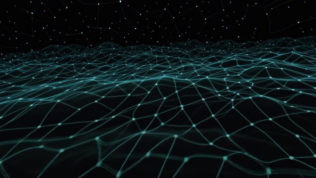 Abstract 3D Topological Grid Landscape with Glowing Neon Cyan Vector Lines and Constellations Background Loop
