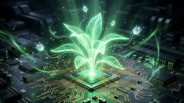 Luminous green digital leaves emerging from a high-tech computer processor illustrating the concept of green computing and ecological technology innovation.