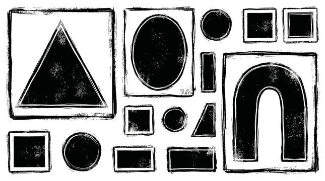 Set of grainy geometric shapes featuring heavy ink roller texture on white background. Abstract grunge brush frame elements including triangle, oval, and arch. Hand drawn linocut vector graphics.