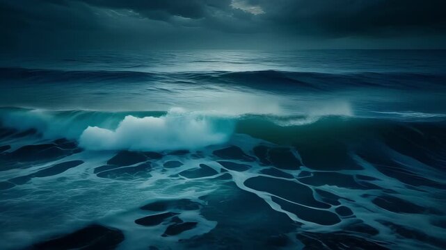 Dark Ocean Waves Crashing Under Moody Sky.