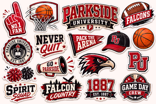 A collection of Parkside University Falcons sports-themed stickers and badges featuring mascots, slogans, and athletic equipment.