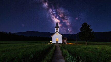 Obraz premium White chapel stands on grassy field under starry sky. Milky Way galaxy arches above. Peaceful night scene in rural landscape. Light glows from chapel windows.