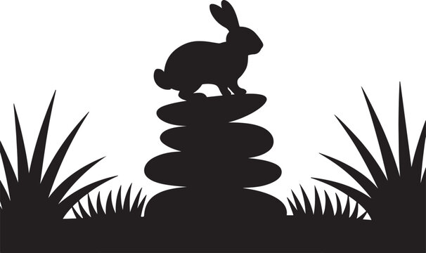 Black silhouette of a rabbit sitting on a stack of pebble stones in a tall grass field