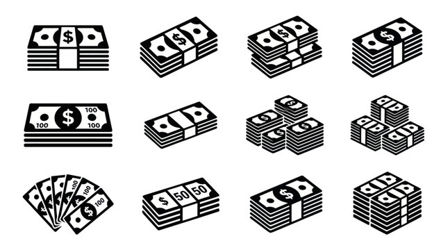 Various cash bundles and money stack icons in black.