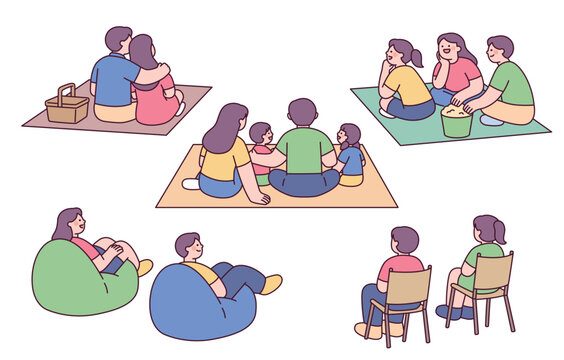 People relaxing and socializing at an outdoor movie night in a minimal flat vector style.