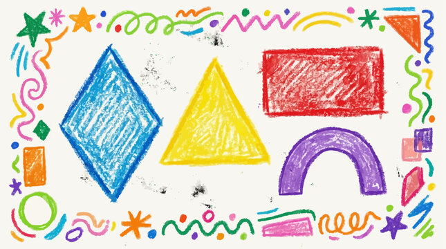 Childish school handdrawn geometric shape vibrant color crayon ink texture frame set including diamond triangle rectangle arch element for kindergarten educational vector illustration design