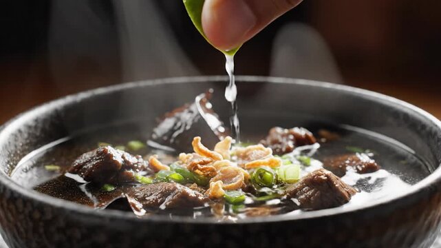Hand squeezing lime slice over steaming Indonesian rawon or beef black soup, macro shot of juicy droplet falling into delicious meat broth with green onions, commercial food video