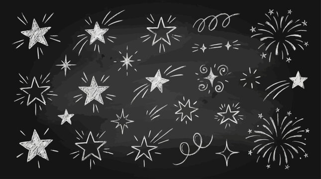 Hand-Drawn Chalk Style Comic Twinkle Lines and Doodle Star Elements. Black Sketch Pencil Sparkle Graphics with Dynamic Rays for Whimsical Creative Projects. Vector Firework Burst Illustration.