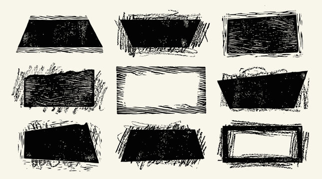 Abstract black linocut geometric shape set featuring grunge noise and ink rolled textured frame. Grainy rectangle trapezium crayon callout with artistic geometry figure vector graphic elements.