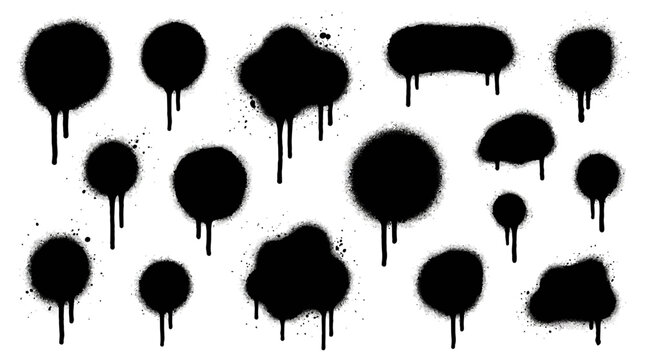 Black graffiti spray paint splotch set with liquid drip and splatter shapes on white background. Organic ink spot patches and uneven vector blob callouts for urban street art design overlays.