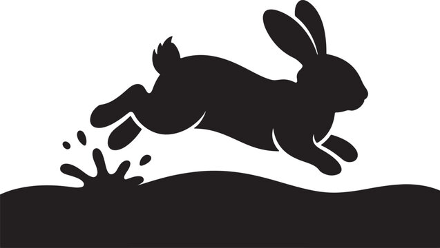 Black silhouette of a jumping rabbit over a splashing water puddle on a white background