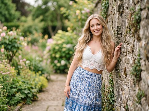 A beautiful young woman with long blonde wavy hair, wearing a white lace crop top and a floral blue and white maxi skirt, posing against an old rustic stone wall in a lush green garden.