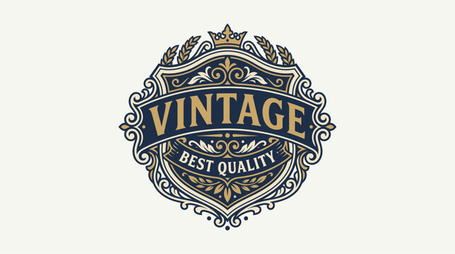 Ornate vintage best quality emblem logo design with crown, laurel wreath, and intricate scrollwork.