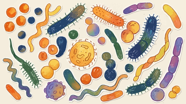 Scientific set of various bacteria cells and microorganism species, colorful pathogen collection including cocci bacilli and spirilla, medical vector illustration for biology education.