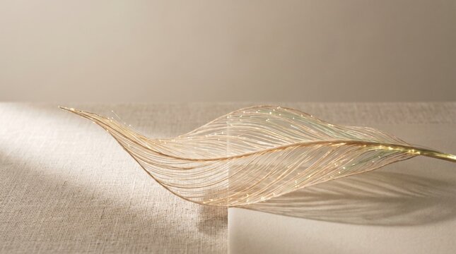 Delicate golden fiber optic feather sculpture resting on a clean textured surface with soft lighting
