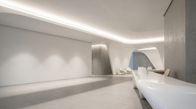 Modern minimalist office lobby interior featuring smooth white curved walls and soft ambient recessed ceiling lighting