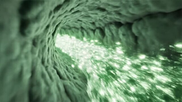 Photorealistic 3D animation of sweat gland cells producing moisture and transporting fluids toward the skin surface realistic glandular tissue with dynamic secretion activity glowing molecules intrace