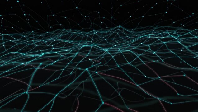 Abstract 3D Topological Grid Landscape with Glowing Neon Cyan and Red Vector Lines Data Loop
