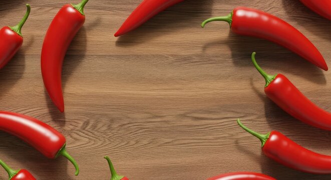 Vibrant Red Chili Peppers Arranged on a Rustic Wooden Surface.