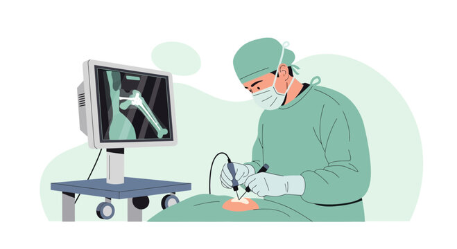 Surgeon Performing Arthroscopic Surgery on Knee Joint with Monitor Display