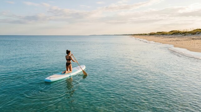 Young woman kneeling on stand up paddle board in calm turquoise ocean water near sandy beach at sunrise for summer vacation travel and active lifestyle concept