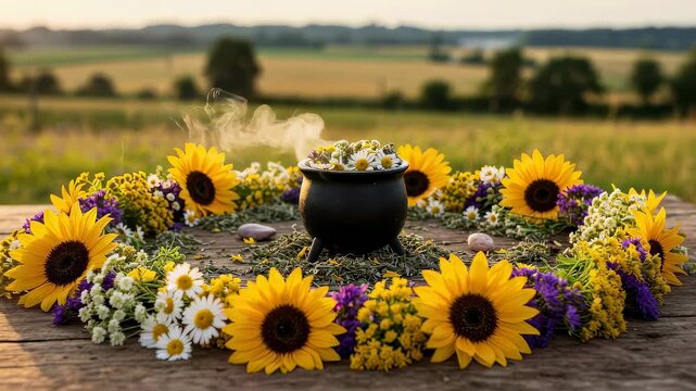 Iron cauldron with steaming medicinal herbs surrounded by sunflower wreath for Ivan Kupala celebration. Pagan summer solstice ritual tradition in meadow nature.