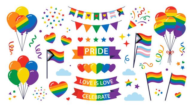 LGBTQ Pride Celebration Elements Rainbow Flags Balloons Confetti Hearts and Banners