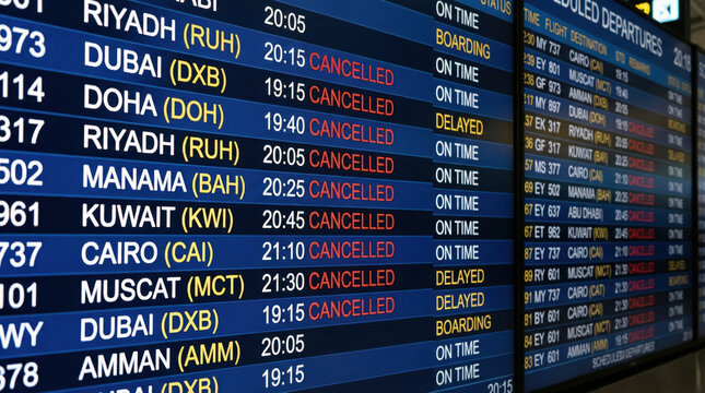 Digital airport departure board with many cancelled flights. Information display showing travel delays and cancellations. Middle East flight schedule screen