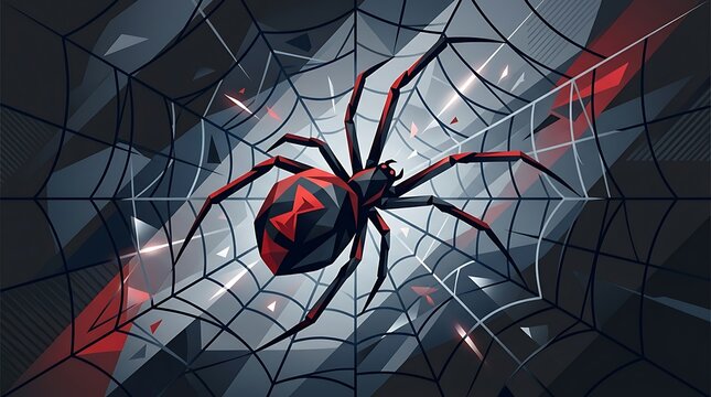 Black widow spider on geometric web in low poly design