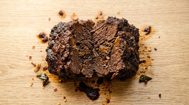 Beef rendang dark Padang Padang beef rendang dark caramelised close macro overhead cross-section cut revealing interior layers GFX 100S GFs soft diffused window light pale oak wood surface warm