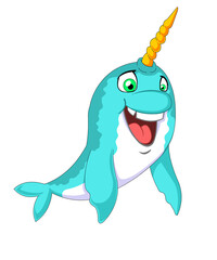 Cute Narwhal Floating in Ocean Design, Funny Cartoon Unicorn of the Sea Happy Whale Pastel Mascot Illustration © Totu Tayo