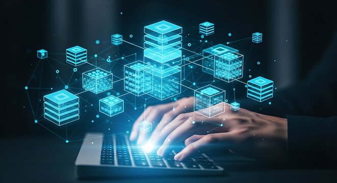 Digital data cubes and light connections representing data warehouse and cloud storage.