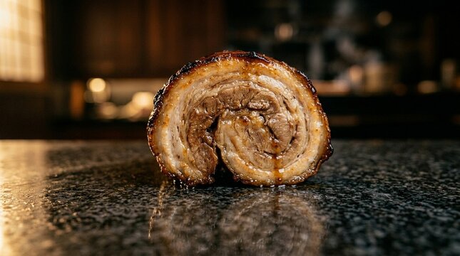 Chashu pork slice close melt-in-mouth chashu pork roll slice close macro caramelised surface low angle dramatic looking up at subject FX3.4 GMs warm cinematic ambient light polished dark granite