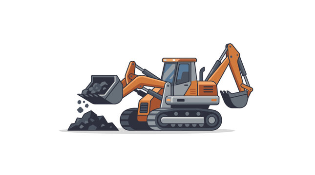 Cartoon illustration of an orange excavator with backhoe on a white background