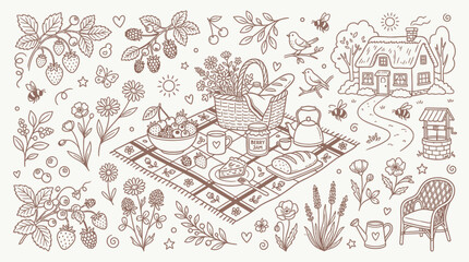 Naklejka premium Charming hand-drawn illustration of a summer picnic scene with a cottage, basket, food, and nature elements.