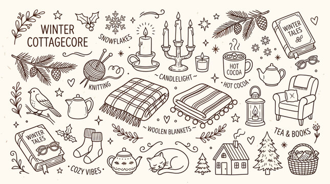 Cozy Winter Cottagecore Elements Collection: A charming hand-drawn illustration featuring cozy winter themes like hot cocoa, knitting, warm blankets, and a cat.