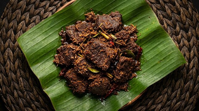 Rendang dry beef dark dry beef rendang coconut spice on banana leaf overhead low angle dramatic looking up at subject EOS R5 macro.8Ls studio octabox overhead dark woven rattan mat surface warm