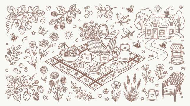 Charming hand-drawn illustration of a summer picnic scene with a cottage, basket, food, and nature elements.