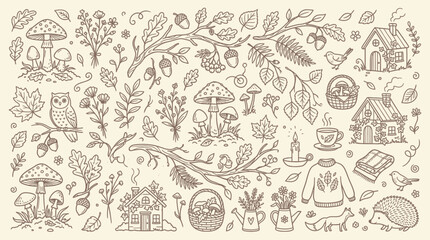 Naklejka premium Charming Hand-Drawn Autumn Elements Collection Featuring Forest Creatures, Mushrooms, and Cozy Cottages.