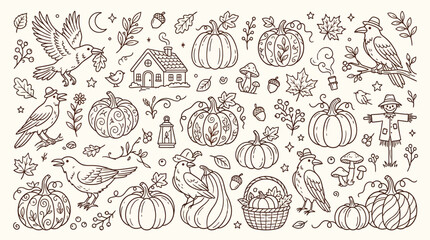 Whimsical Hand-Drawn Autumn Elements Collection Featuring Pumpkins, Birds, and a Scarecrow. © Bara
