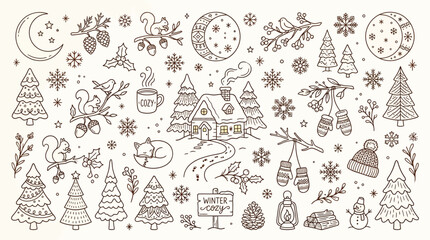 Charming hand-drawn winter elements collection, including a cozy cabin, festive trees, cute animals, and seasonal decorations. © Bara