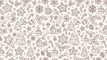 Charming Hand-Drawn Christmas Pattern with Festive Icons and Symbols on a Light Background. © Bara