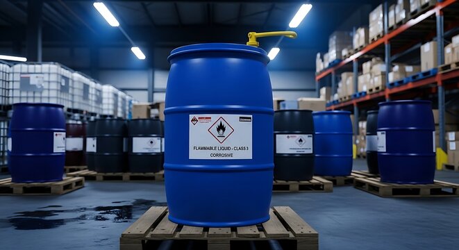 Blue chemical barrel with flammable liquid warning in a warehouse